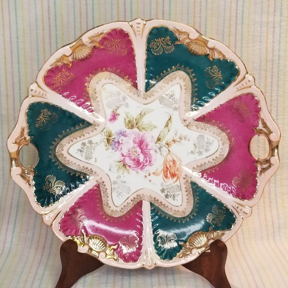 Antique JPF Germany Porcelain Gilded Cake Plate Double Handles Pink Magenta Teal - Picture 1 of 7